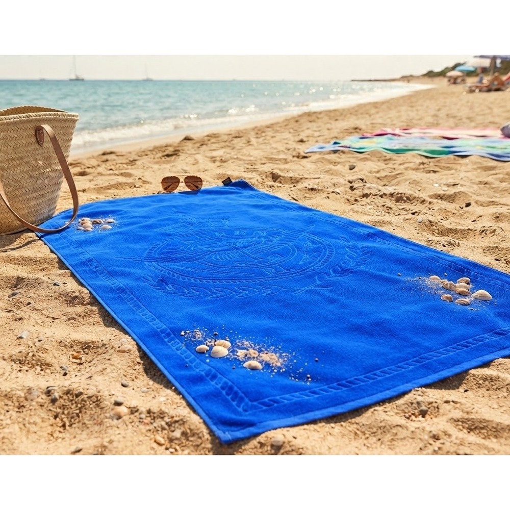 Vintage Ralph Lauren Blue Cotton Beach Towel Crest Logo 64x36 anchor luxury
